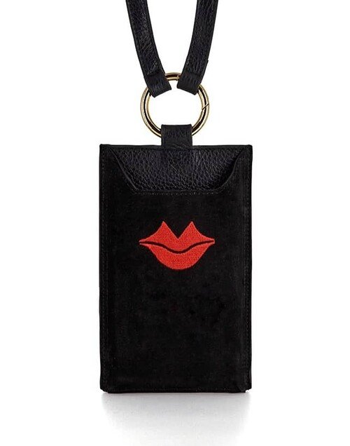 Pochette téléphone noir TÉLI, broderie bouche rouge |Gloria Balensi