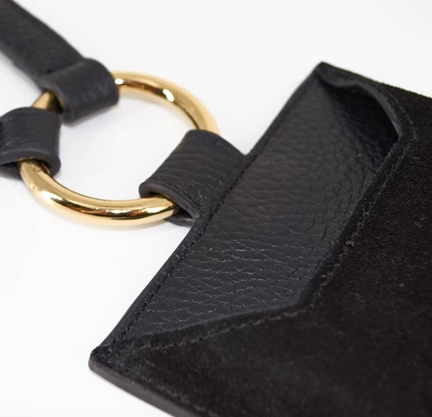 Black and gold velvet leather TELI phone pouch, zoom front  | Gloria Balensi
