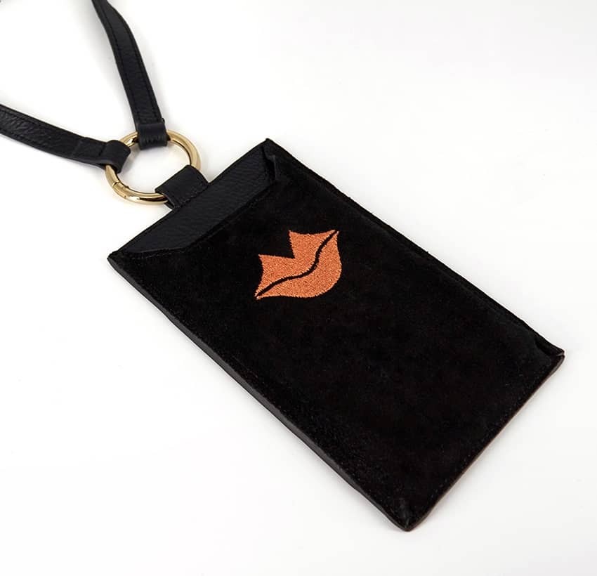 Black and orange velvet leather TELI phone pouch, lying view 1 | Gloria Balensi