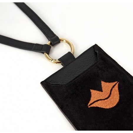 Black and orange velvet leather TELI phone pouch, lying view 2 | Gloria Balensi