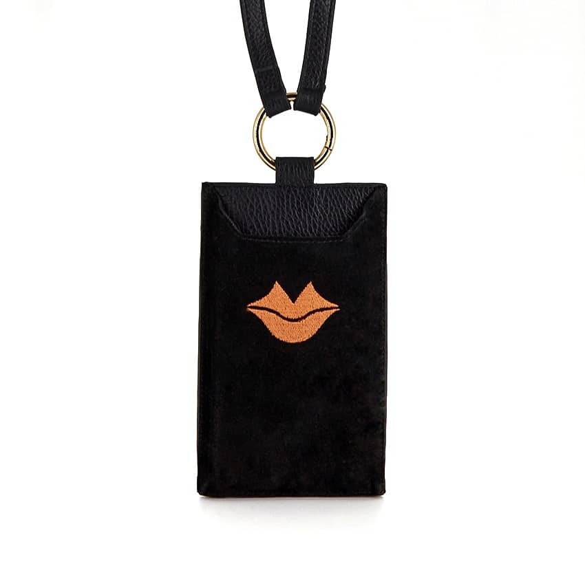 Black and orange velvet leather TELI phone pouch, front view | Gloria Balensi
