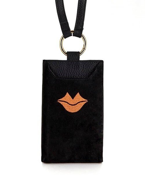 Pochette téléphone noir cuir, broderie bouche orange TÉLI |Gloria Balensi