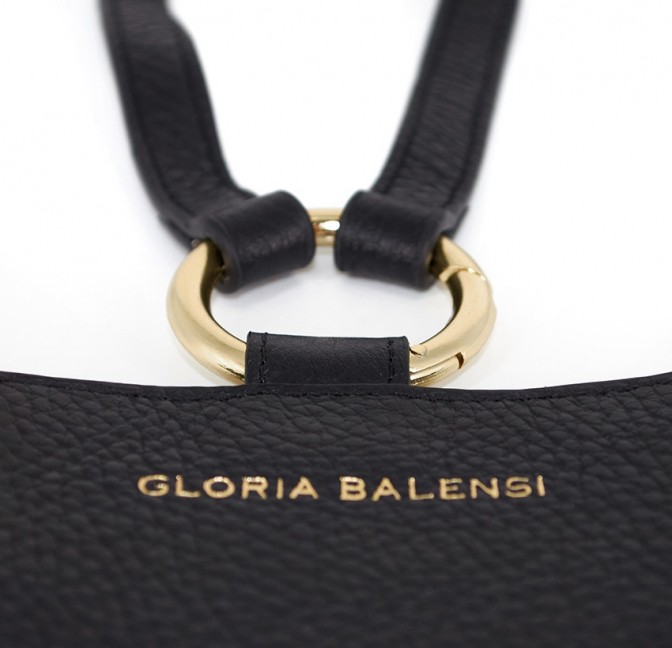 Black and orange velvet leather TELI phone pouch, zoom view gold marking| Gloria Balensi