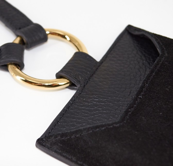 Black and orange velvet leather TELI phone pouch, zoom front  | Gloria Balensi