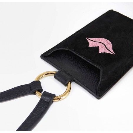 Black and pink velvet leather TELI phone pouch, lying view 2 | Gloria Balensi