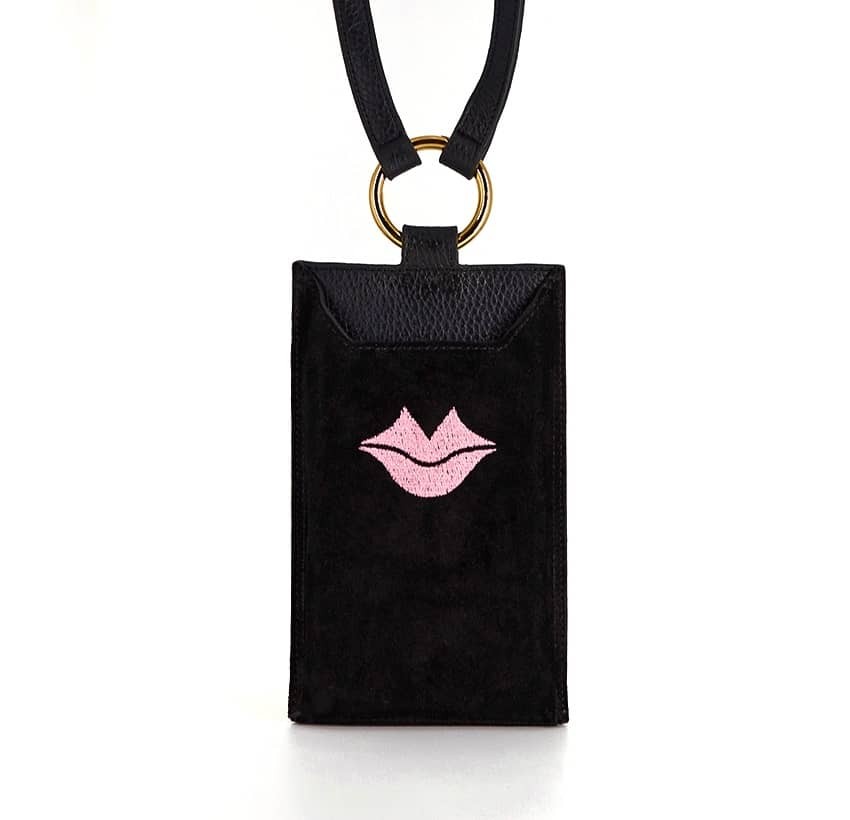 Black and pink velvet leather TELI phone pouch, front view | Gloria Balensi