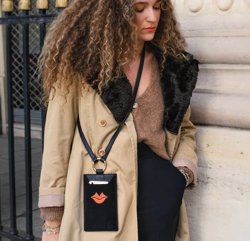 Black and orange velvet leather TELI phone pouch, Look 2 view | Gloria Balensi