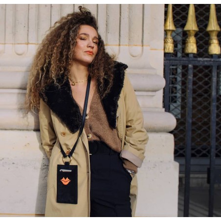 Black and orange velvet leather TELI phone pouch, Look 1 view | Gloria Balensi
