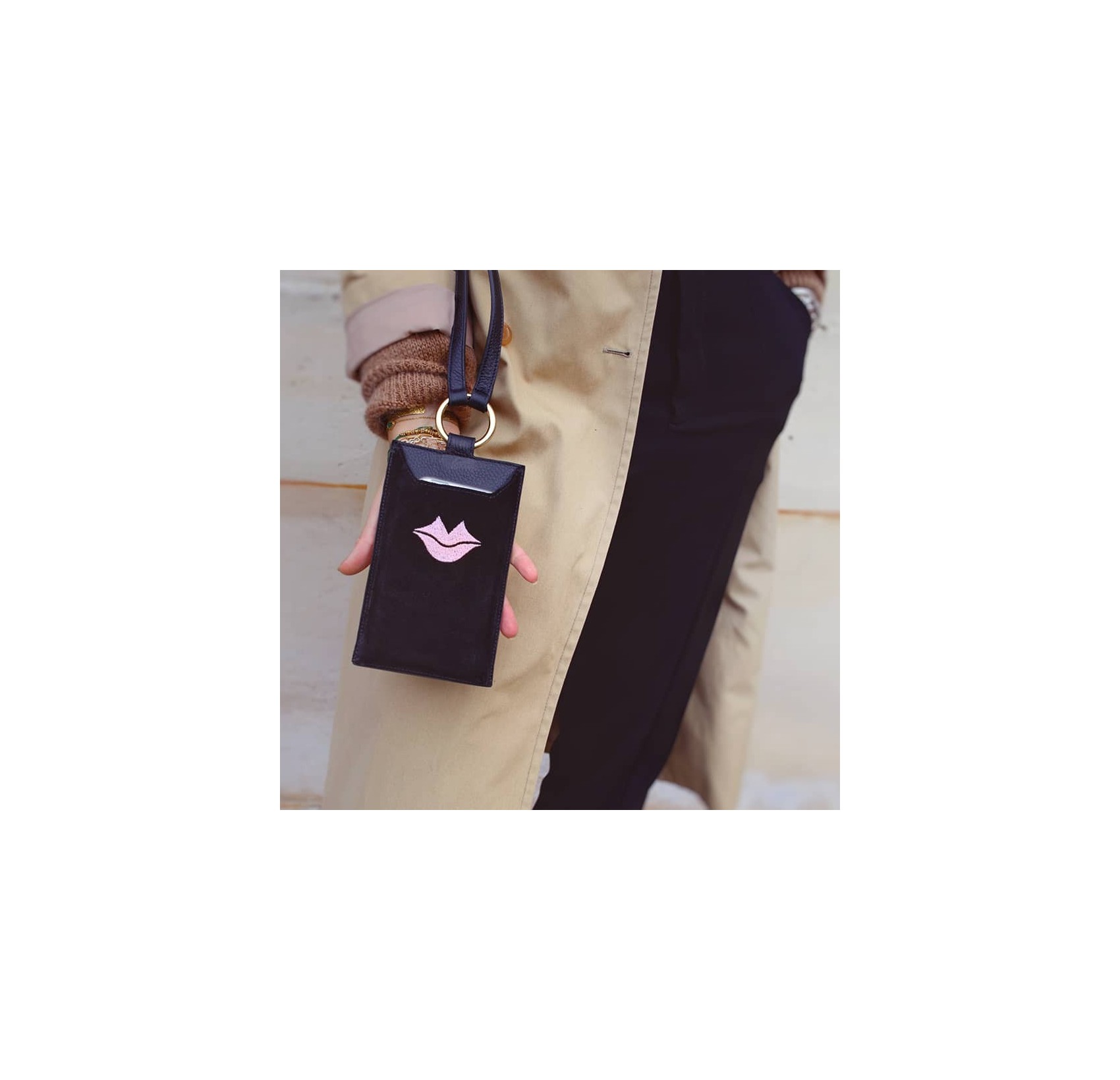 Black and pink velvet leather TELI phone pouch, Look 1 view | Gloria Balensi