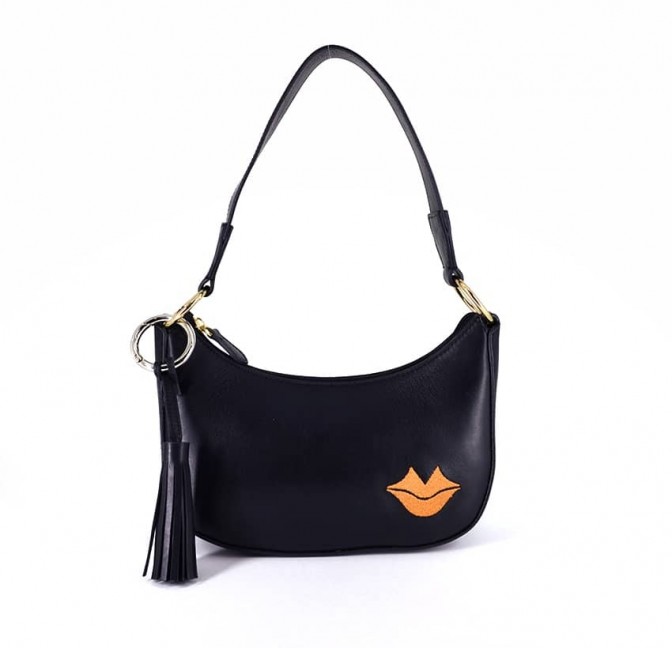 MIA black and orange baguette bag in cowhide leather, front view | Gloria Balensi