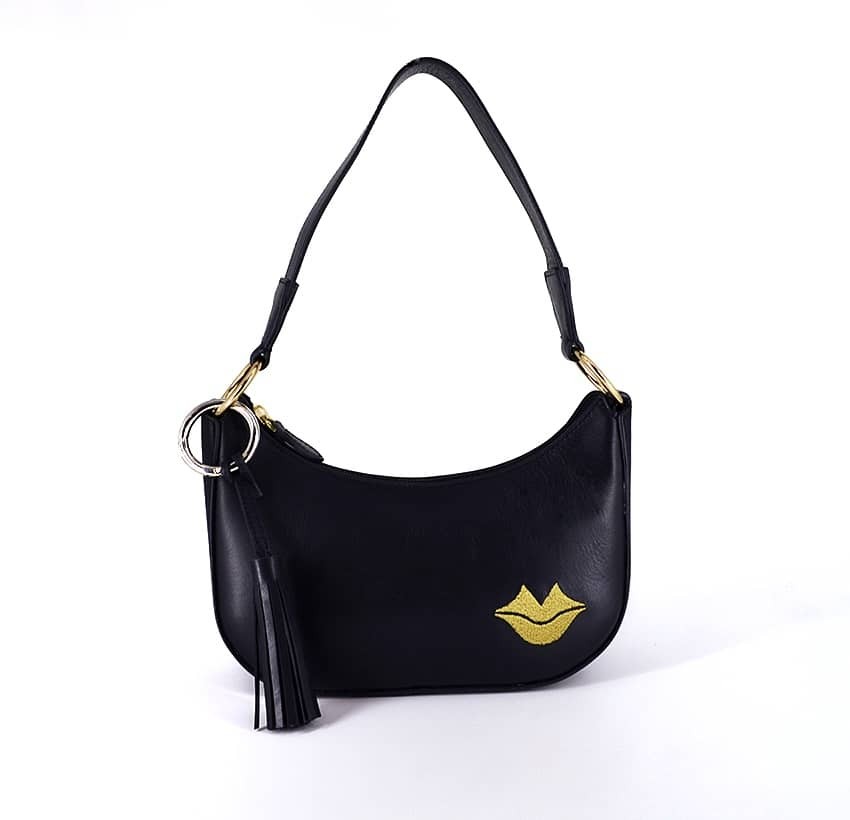 MIA black and gold baguette bag in cowhide leather, front view | Gloria Balensi