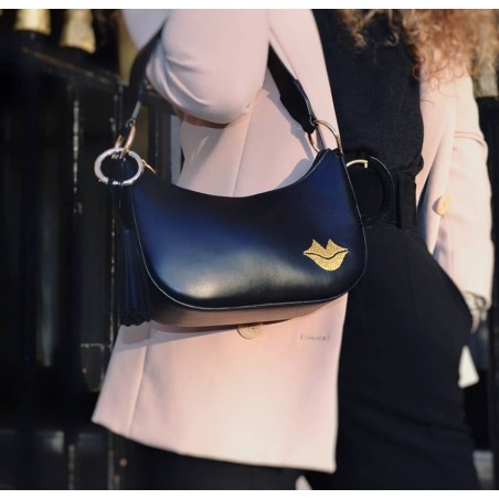 MIA black and gold baguette bag in cowhide leather, look 2 view | Gloria Balensi