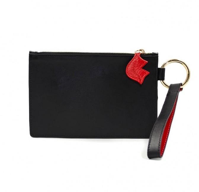 Black leather Zipped pouch ISADORA, red mouth , back view | Gloria Balensi