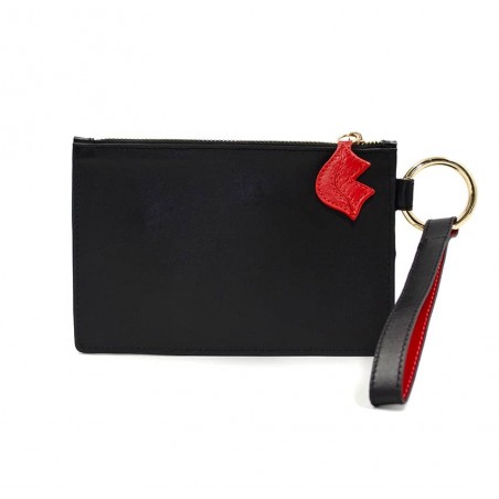 Black leather Zipped pouch ISADORA, red mouth , back view | Gloria Balensi