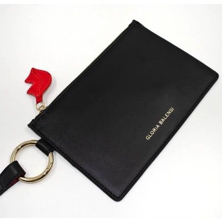 Black leather Zipped pouch ISADORA, red mouth , top view  | Gloria Balensi
