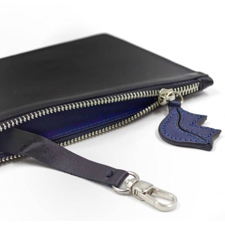 Black leather Zipped pouch ISADORA, navy blue mouth, lying view  | Gloria Balensi