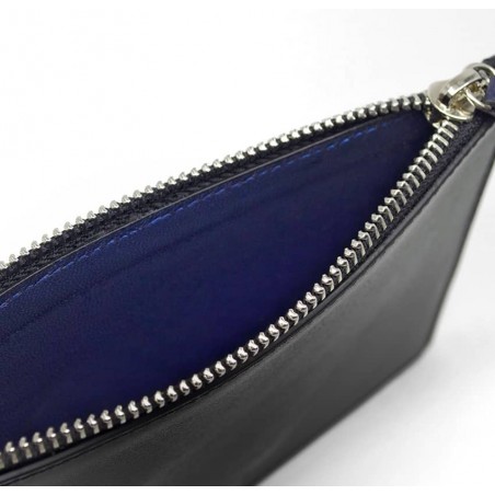 Pochette zippée en cuir noir ISADORA, bouche bleu marine, vue doublure | Gloria Balensi