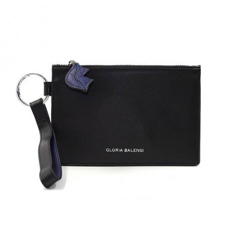 Black leather Zipped pouch ISADORA, navy blue mouth, Front view  | Gloria Balensi