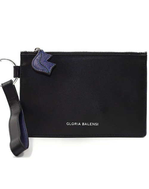 Pochette zippée en cuir noir ISADORA, bouche bleu marine |Gloria Balensi