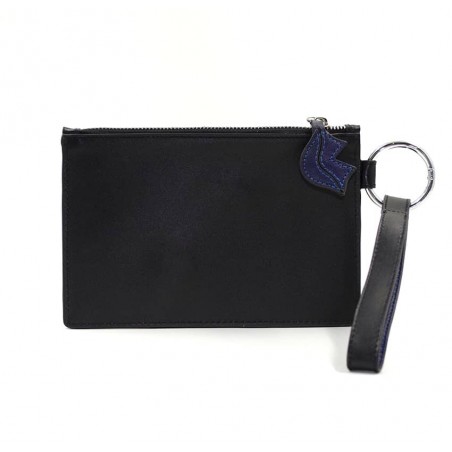 Black leather Zipped pouch ISADORA, navy blue mouth, back view | Gloria Balensi