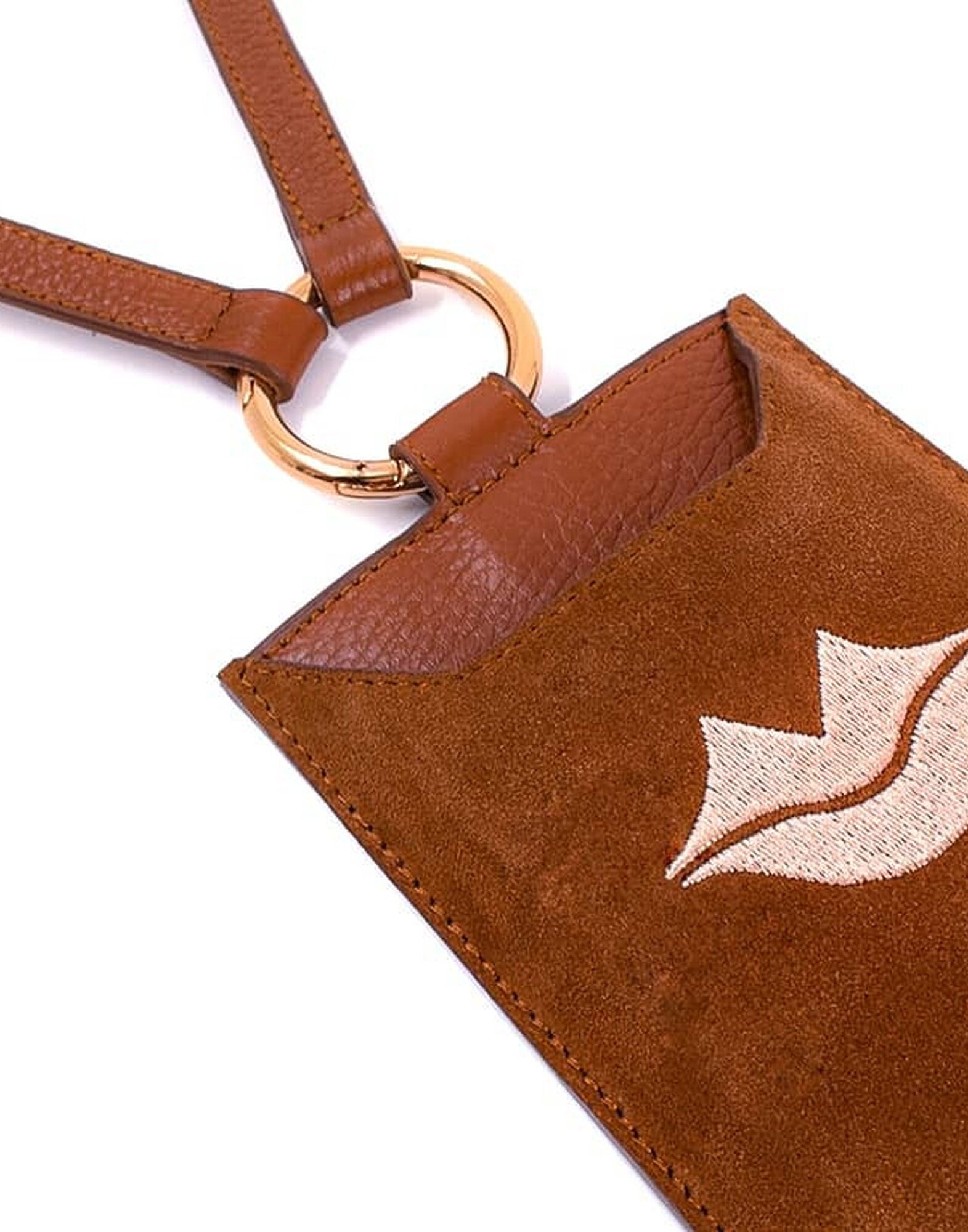 Pochette téléphone camel cuir, broderie bouche beige TÉLI |Gloria Balensi