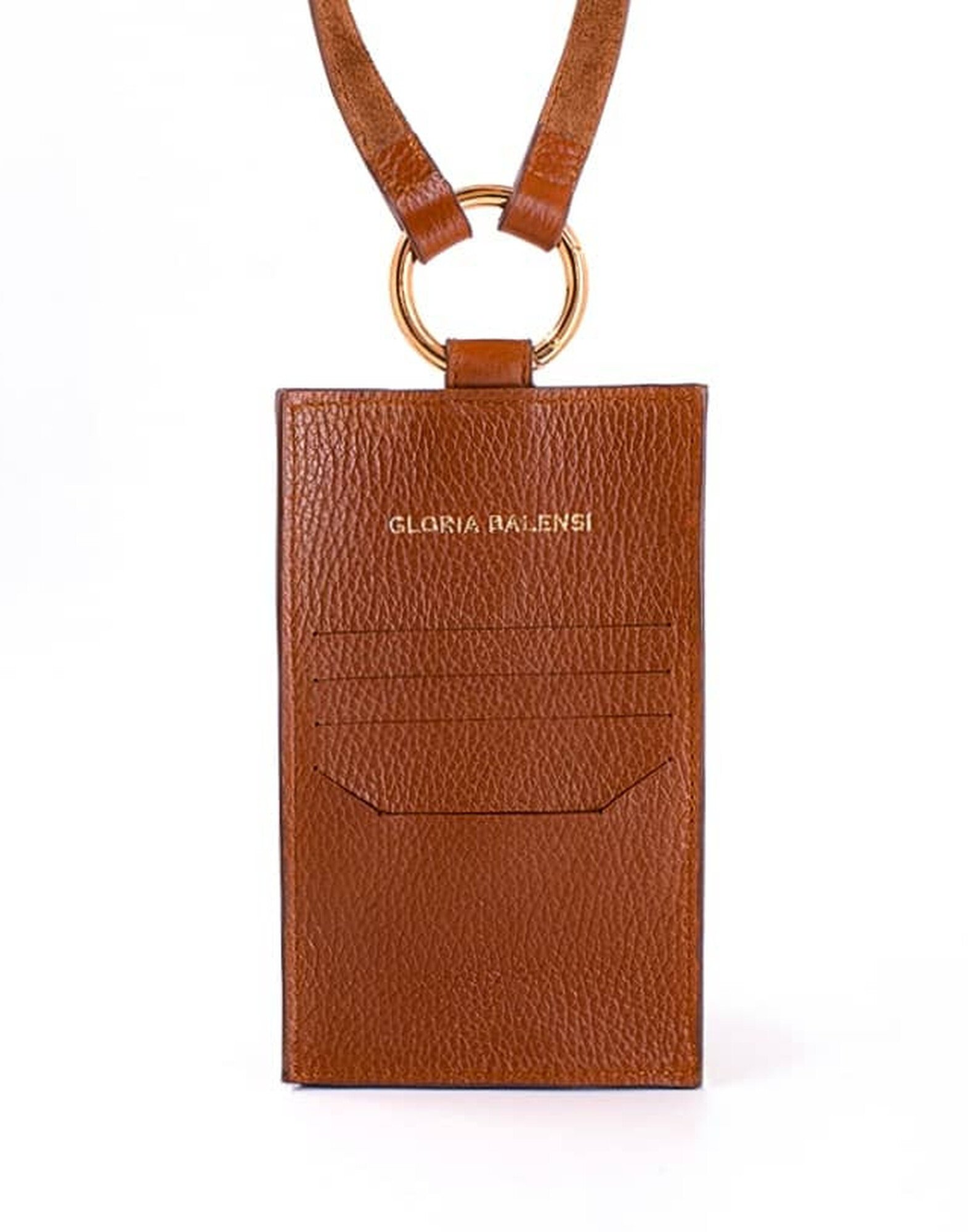 Pochette téléphone camel cuir, broderie bouche beige TÉLI |Gloria Balensi
