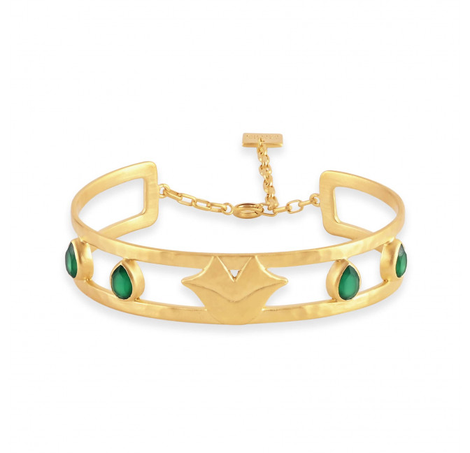 Bracelet jonc plaqué or OLYMPE avec Onyx vert, vue devant | Gloria Balensi