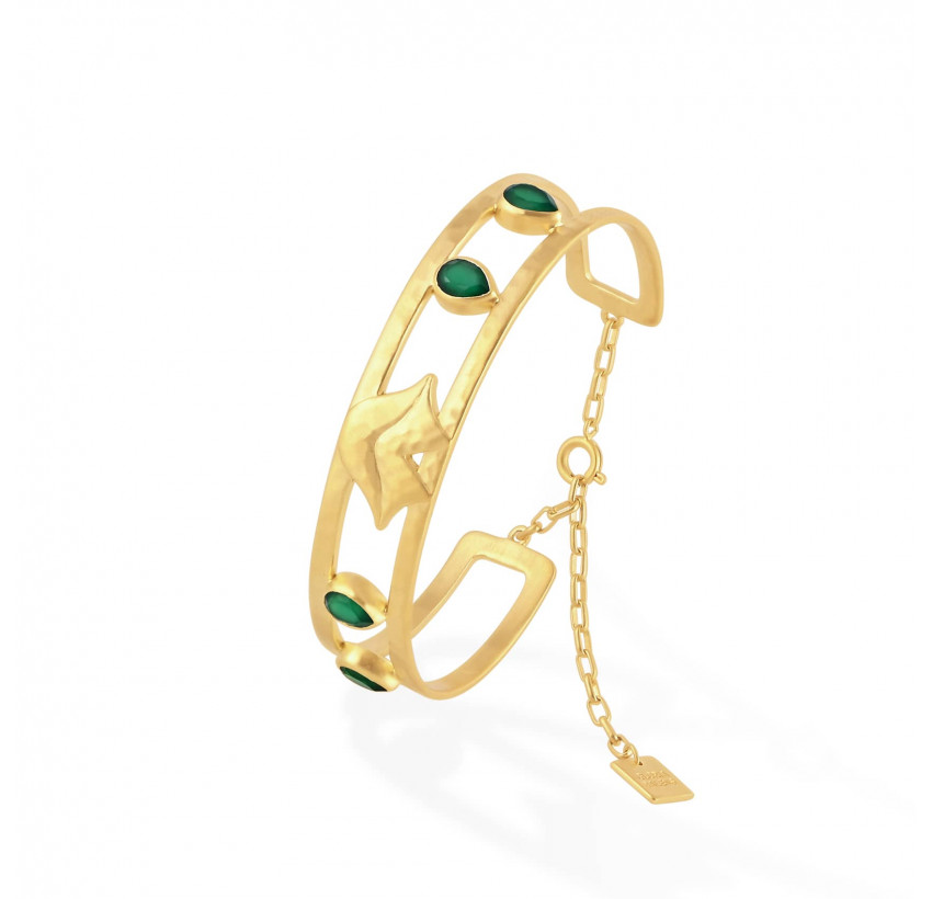 Bracelet jonc plaqué or OLYMPE avec Onyx vert, vue profil | Gloria Balensi