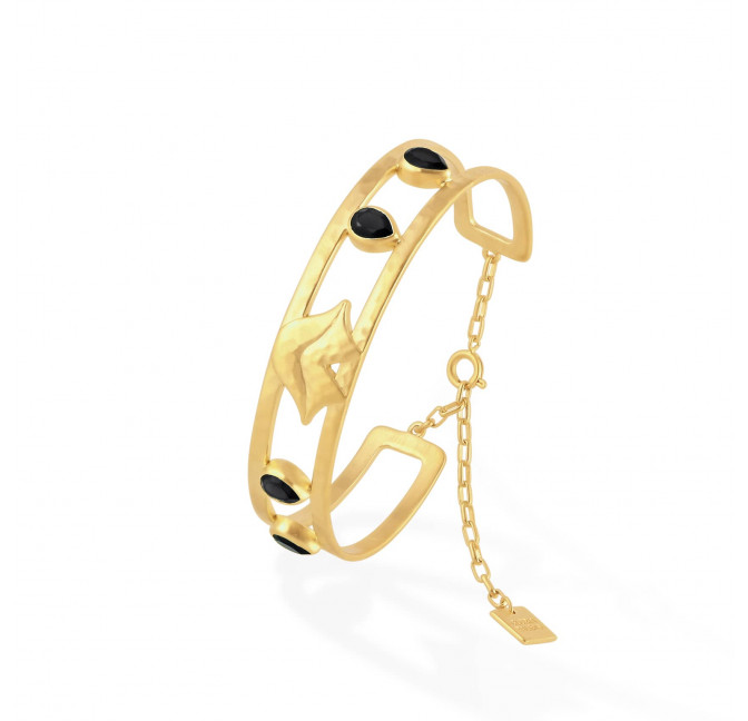Bracelet jonc plaqué or OLYMPE avec Onyx noir, vue profil | Gloria Balensi