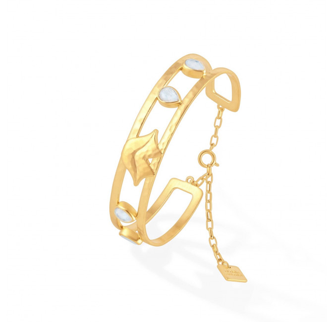 Bracelet jonc plaqué or OLYMPE avec pierre de lune, vue profil | Gloria Balensi