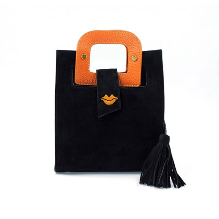 Black suede leather bag ARTISTE, orange handle and mouth embroidery , view 2  | Gloria Balensi