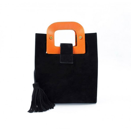 Black suede leather bag ARTISTE, orange handle and mouth embroidery , view 3  | Gloria Balensi