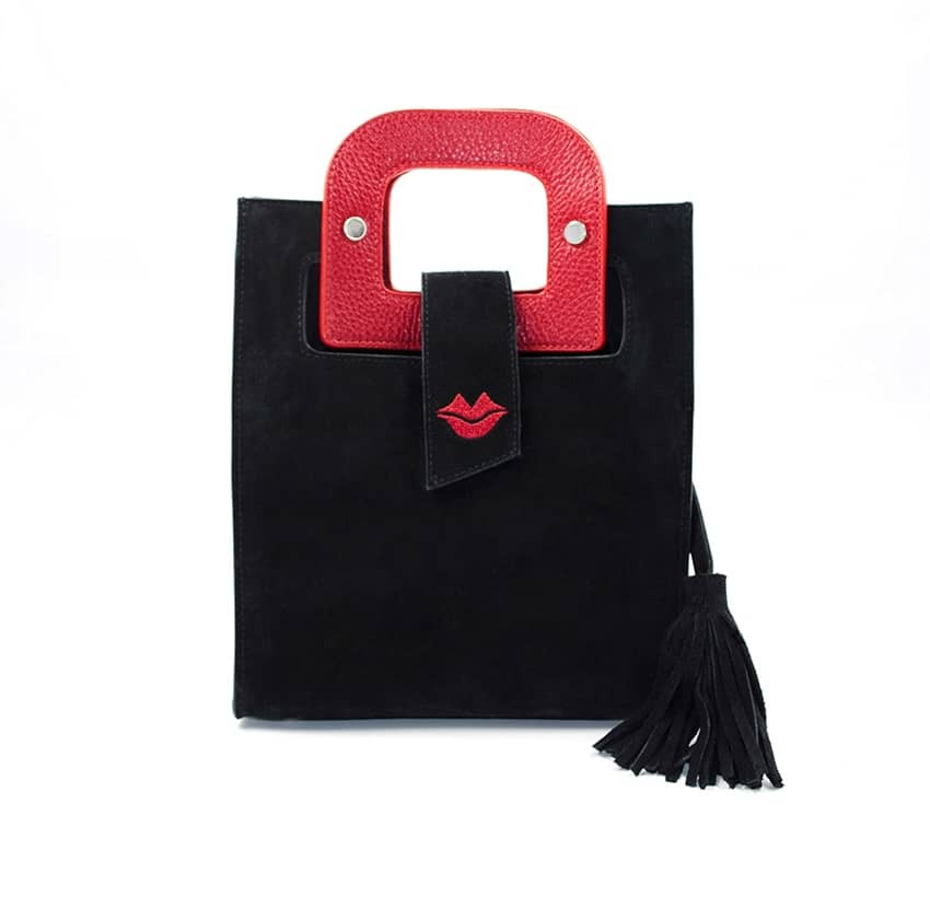 Black suede leather bag ARTISTE, red handle and mouth embroidery , view 1  | Gloria Balensi