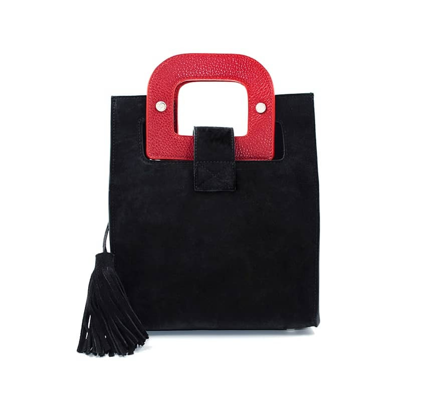 Black suede leather bag ARTISTE, red handle and mouth embroidery , view 4  | Gloria Balensi