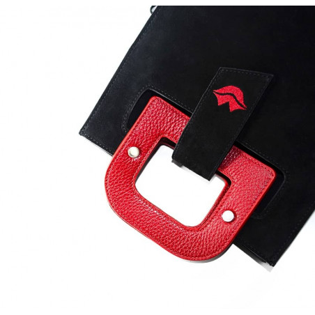 Black suede leather bag ARTISTE, red handle and mouth embroidery , view 3  | Gloria Balensi